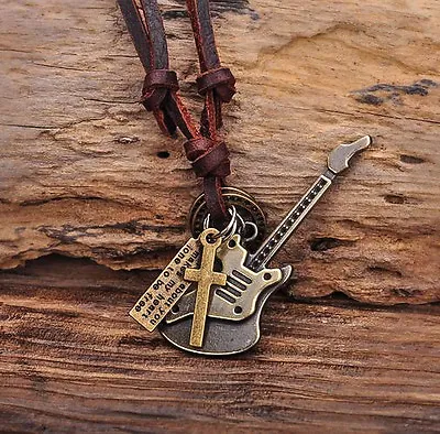 N275 Brown Cool Surfer Rock Guitar Pendant Leather Long Necklace Choker Mens New • $7.59