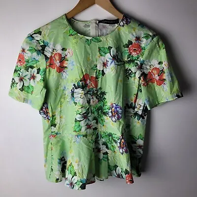 Zara Woman Size S Green Floral Peplum Blouse Casual Career Smart Office Work • £10