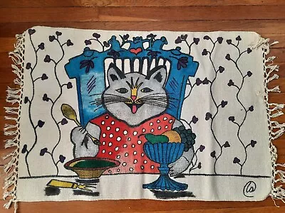 $37 • Buy Vintage Handmade Durries Cotton Throw Rug Anthropomorphic Cat 24.5  X 34  India