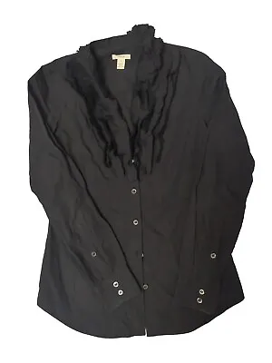 J. Crew Womens Shirt Sz. 2 Button Up Ruffle V-Neck Black Long Sleeve Blouse Top • $9.88