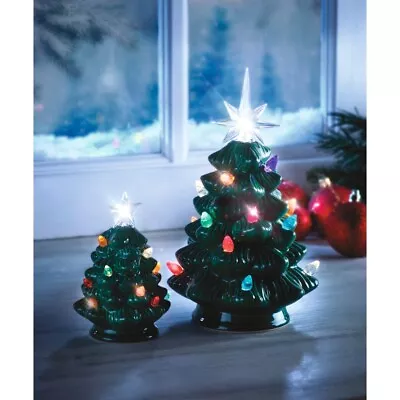 Set Of 2 Ceramic Light Up Christmas Tree Ornaments Festive Xmas Home Decoration • £19.95