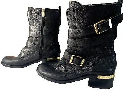 Vince Camuto Boots Womens Size 8.5 Black Leather Wayman Gold Buckle Moto Boots • $38