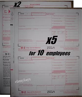 2014 IRS Tax Forms W-2 Wage Stmts 6-pt CARBONLESS 10 Employees + (2)W-3 NO Env • $12.94