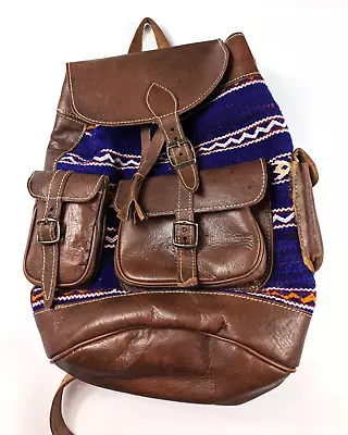 Handcrafted Moroccan Leather Bag Backpack Boho Chic Kilim Carpet Rug • $27.93