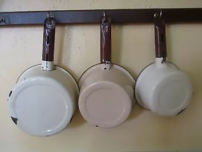 3 Antique 1930s/40s Tan/Brown Enamelware Pots/Pans • $4