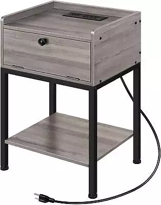 Wood Side Table With Charging Station End Table With Storage Drawer Gray • $36.98