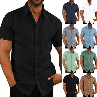 Mens COTTON LINEN Shirts Summer Casual Solid Short Sleeve Tops Blouse T-Shirt • £11.29