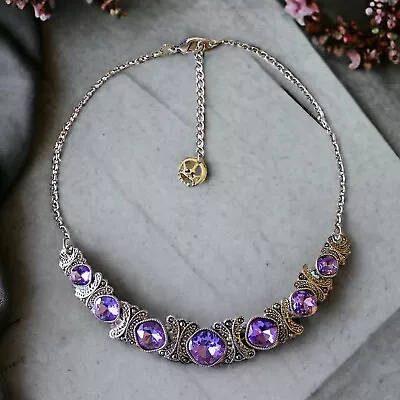 TRIFARI Purple Glass Rhinestone Necklace Choker Silver Tone Logo Tag VTG 16”-18” • $65