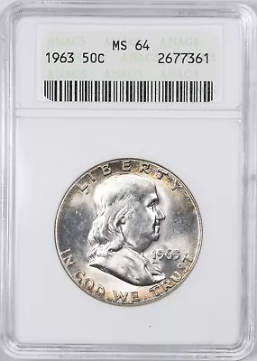 1963 ANACS MS64 Franklin Silver Half Dollar BU Uncirculated Philadelphia Mint • $27