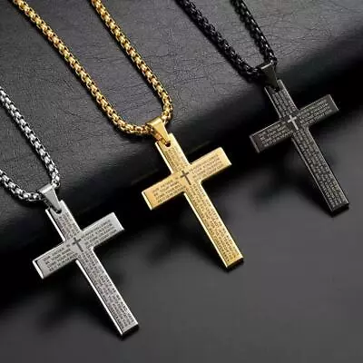 Cross Necklace With Lords Prayer Bible Pendant For Men Stainless Steel. • £3.60