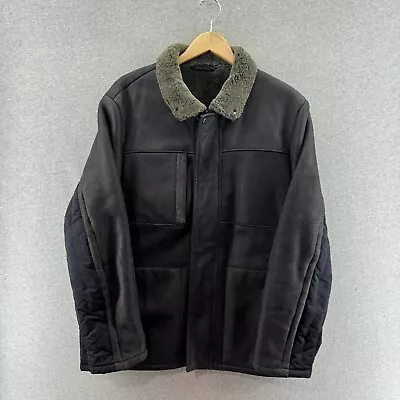 Hugo Boss Mens Jacket Black 42R Lamb Leather Fleece Lined Coat Collared Vintage • $75.90