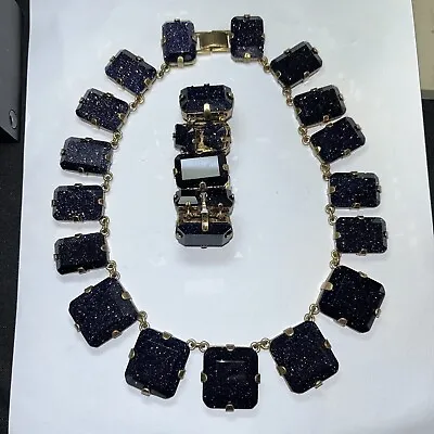 VTG Murano Venetian Avventurina Glass Blue Necklace 16  & Bracelet 7” Bronze Wow • $199