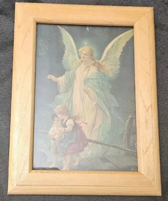 Antique Color Lithograph Guardian Angel W/ Young Boy & Girl Art Nouveau   Frame • $22.70