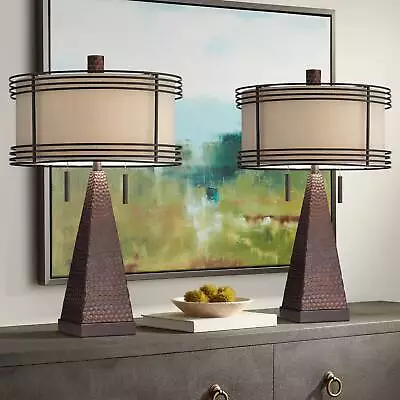 Franklin Iron Works Niklas 26  Bronze Metal USB Table Lamps Set Of 2 • $259.90