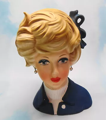 Vintage Napcoware C8497 Lady Head Vase 6 1/2  Blue Jacket & Bow Pearl Earrings • $19.95