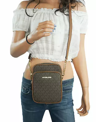 Michael Kors Jet Set Travel Medium Flight Chain Crossbody Bag Mk Signature Brown • $79.80