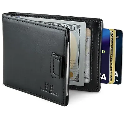 $29.95 • Buy Genuine Leather RFID Blocking Bifold Mens Slim Minimalist Wallet With Money Clip