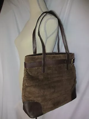 Eddie Bauer Belted Bag Purse Corduroy Brown Cotton Tote Faux Leather Trim 14x12  • $25