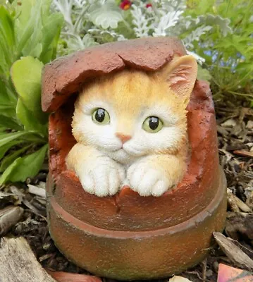 Garden Ornament Cat Statues Sculpture Outdoor Figurine Puppy Resin Flower Pot • £12.98