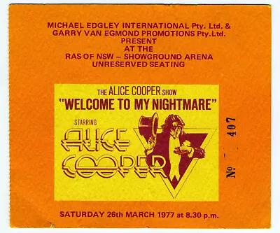 Alice Cooper 1977 Concert Ticket Stub - Sydney Showground Australia • $225