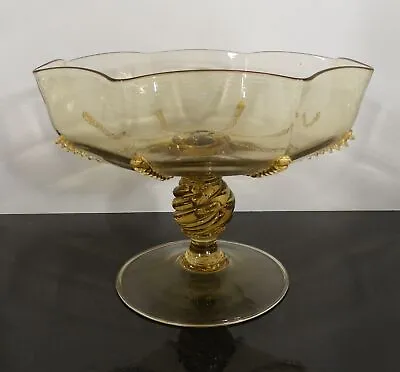 Murano Glass Compote Applied Trim 8-panel Top Swirl Ball Stem Fruit Bowl • $69.95