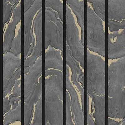 Woodgrain Panel Marble Wood Slats Effect Charcoal Metallic Gold Muriva Wallpaper • £1.34