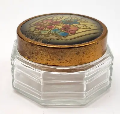 Vintage Vanity Loose Powder Jar Glass With Brocade Floral Lid • $14.99