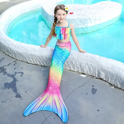 UK Kids Mermaid Tail Swimwear Girls Swimsuit Swimming Bikini Costume 3 Piece Set • £11.65