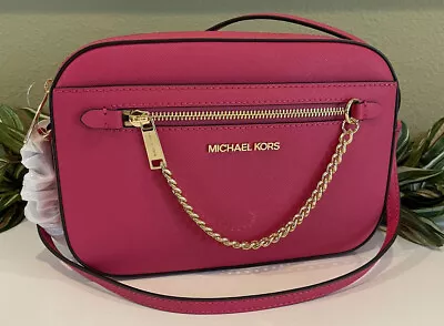 Michael Kors Jet Set Large Zip Chain Crossbody Bag Tote Mk Electric Pink Leather • $87.99