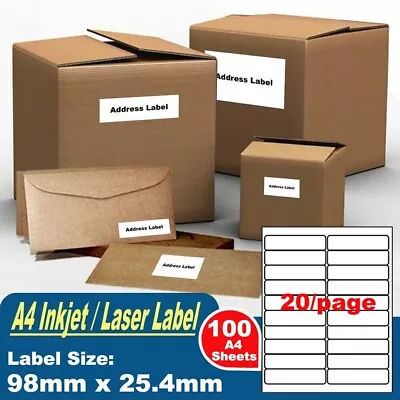 100 Sheets A4 Self Adhesive 20 Labels 98 X 25.4mm Sticker Paper Mailing Address • $18.89