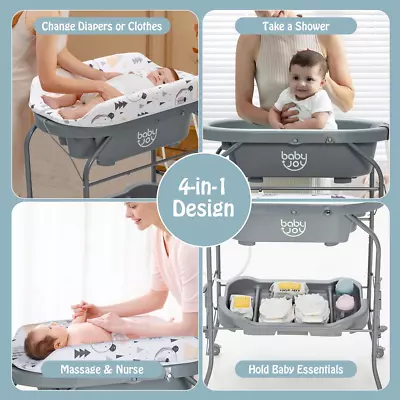 2-In-1 Baby Changing Station With Bathtub Foldable Design Storage Movable Wheels • £118.99