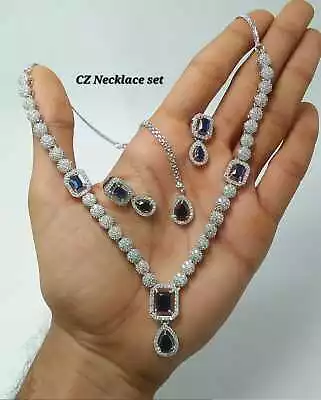 Indian Bollywood Silver Plated Set Ethnic AD Necklace Earrings Bridal Jewelry • $22.99