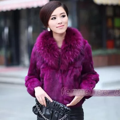 Womens Raccoon Fur Collar Genuine Rabbit Fur Jacket Outwear Coat Winter Parka Sz • $163.69