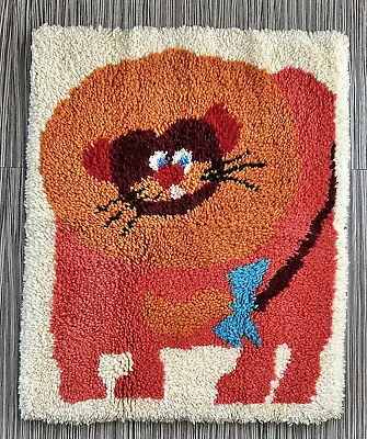 Vintage Mid Century 28  X 23  Latch Hook Shag Rug Fat Cat Lion Wall Hanging Art • $65