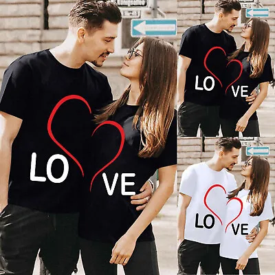 Couples Matching Shirts Set Matching Men Women Heart Print Couple T-Shirt Tops • £11.74