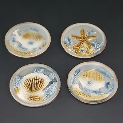 $10.95 • Buy Set Of 4 Coastal Sea Life 3.5  Stoneware Glazed Coasters STARFISH, SHELL, FISH