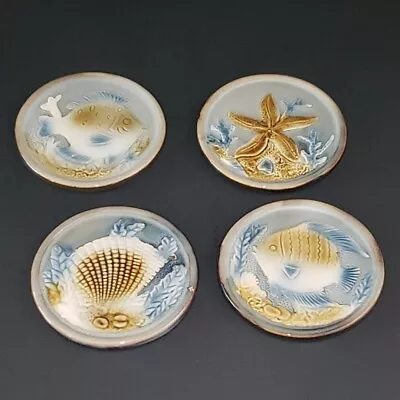 $10.95 • Buy Set Of 4 Coastal Sea Life 3.5  Stoneware Glazed Coasters STARFISH, SHELL, FISH