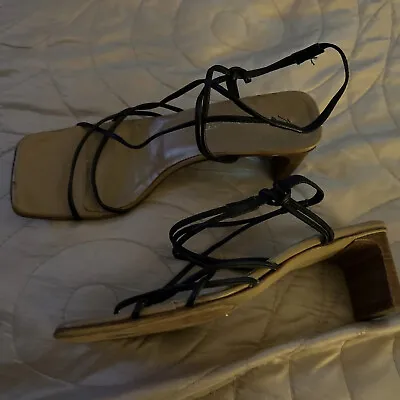 Lea Foscati Sandals Strappy UK6-6.5 Black Leather Heel Ankle Strap Vintage • £16.99