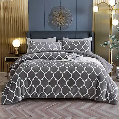 Grey King Size Comforter Set 3 Pieces Sherpa Fleece Reversible Comforter King S • $72.99
