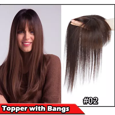 100% Remy Human Hair Topper Bangs Clip In Silk Top For Women Cover Loss Hair • $20.99