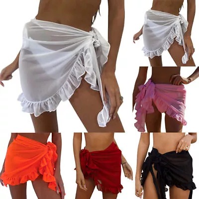Women See Through Sarong Dress Bikini Bottom Cover Up Warp Mini Skirt Beachwear • $17.39