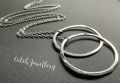 Adjustable Long SILVER CHAIN Circles Necklace Boho Lagenlook Alloy • £3.79