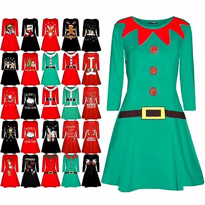 Womens Christmas Elf Santa's Little Helper Belt Costume Xmas Ladies Swing Dress • £7.19