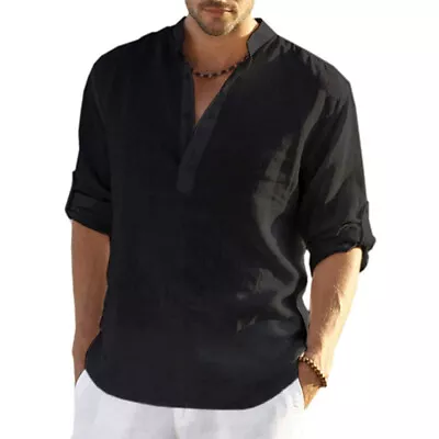 Mens Cotton Linen Beach Shirts Casual Baggy Loose Summer Shirt Blouse Tops Tee • $20.59