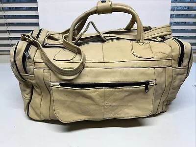 Vintage Beige Leather Duffle Bag Weekender Overnight Travel Gym Carry On Luggage • $36.49
