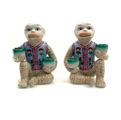 Monkey Statues Porcelain Rare Pair Set Vintage Oriental Chinoiserie (Small Fix) • $560