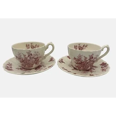 Myott Staffordshire Bountiful Red 2 Flat Cup & Saucers England Floral Pattern • $20