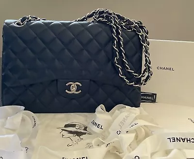 CHANEL Navy Quilted Caviar New Classic Double Flap Jumbo Shoulder Handbag Box • $6700