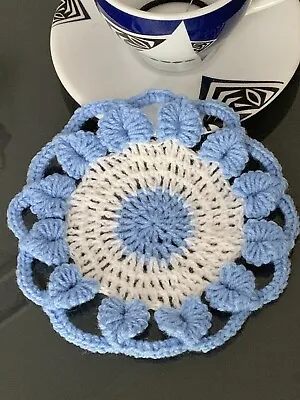 White/blue Vintage Hand Crochet   Coaster Doilies Handmade  Wool • £0.99