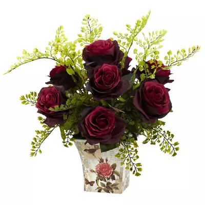 Rose & Maiden Hair Silk Flower Arrangement - Burgundy • $71.94